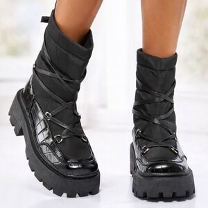 Shellys London Snowfall Black Chunky Lug Lace Up Snow Boots Womens 6 EU38 Size